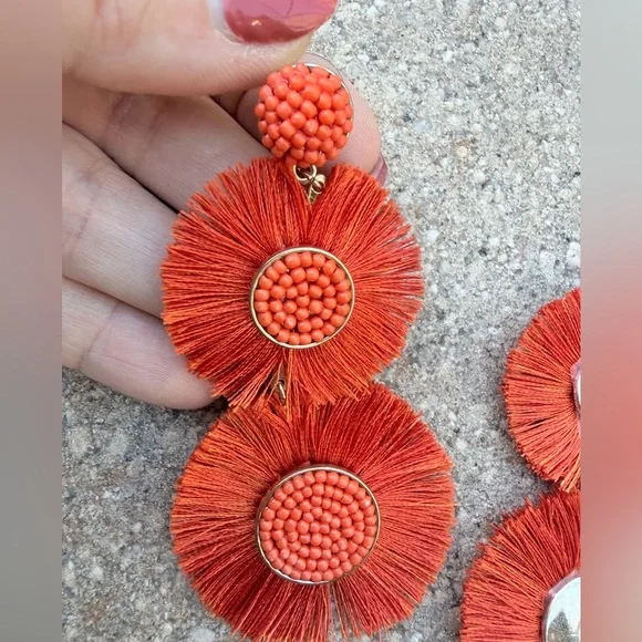 Orange Fringe Beaded Statement Earrings - Picture 2 of 3